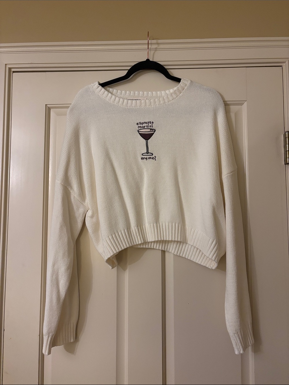moon & madison Cream Cropped Crewneck Sweater with Martini Embroidery